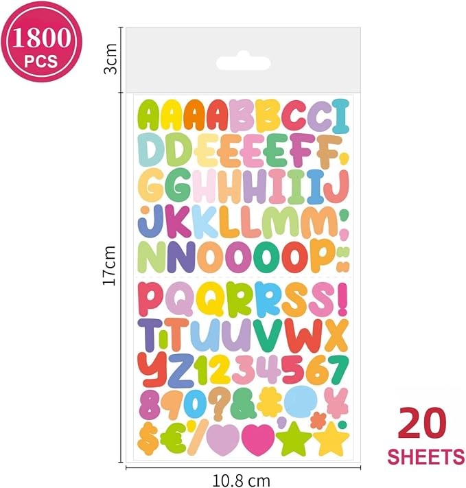 1800 Pieces 20 Sheets Small Letter Number Stickers, 1/2inch Colorful