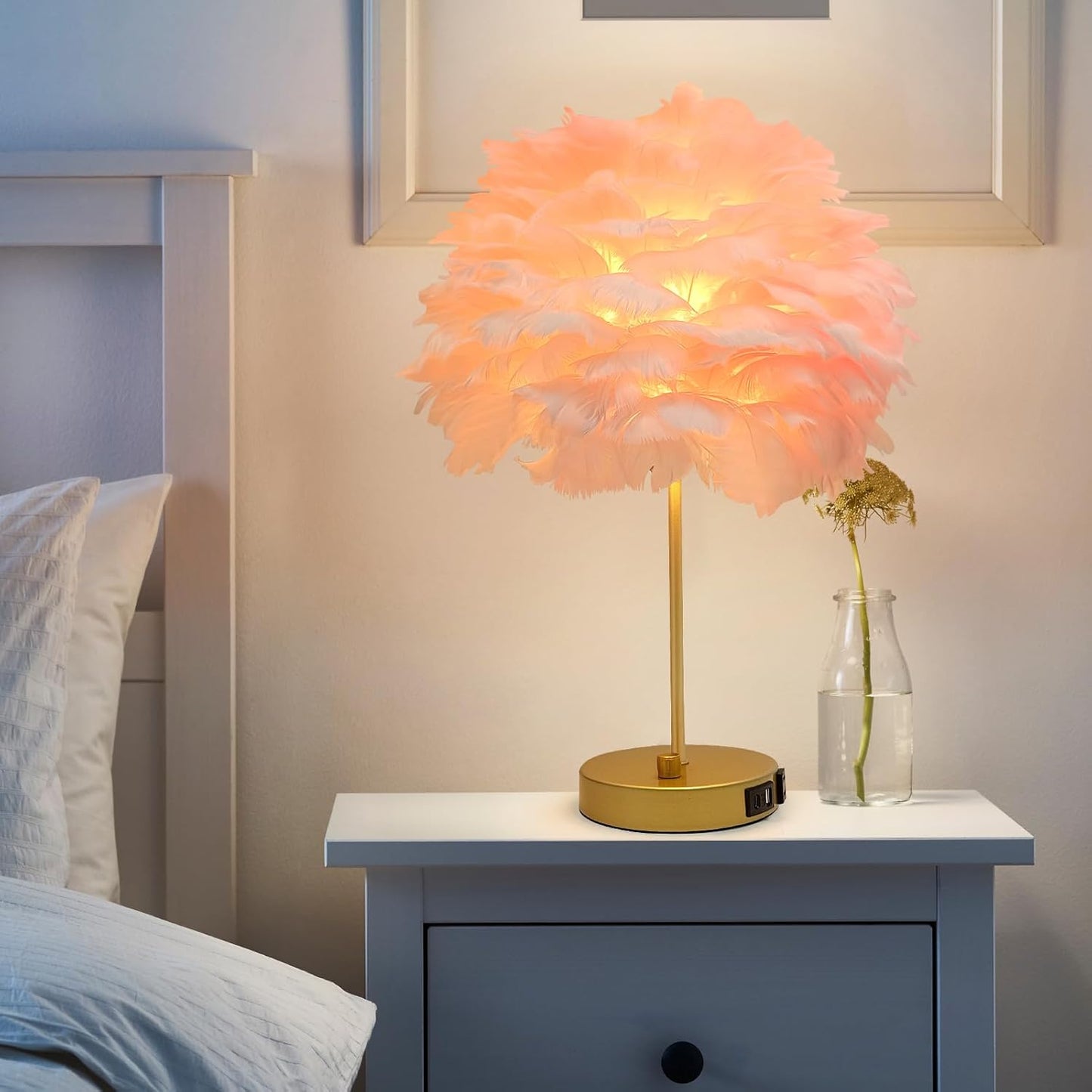 ZYLEIESENBAO Pink Feather USB Charger Table Lamp Feather Bedside Lamp Cute Nightstand Lamp with Outlets Princess Desk Light for Girl Bedroom Living Room Entryway Hotel Wedding Women's Gift Decoration