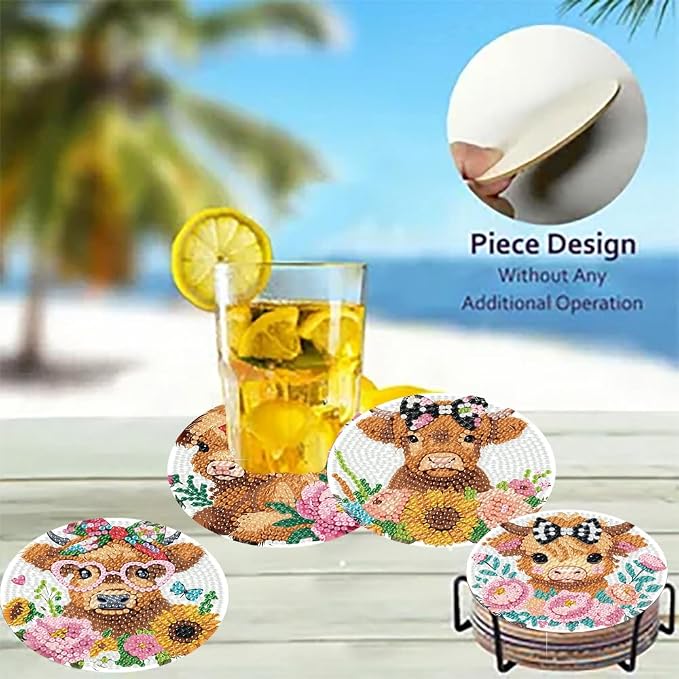 8 Pack Diamond Art Coasters, Highland Cow Diamond Painting Coasters Kits | Cow