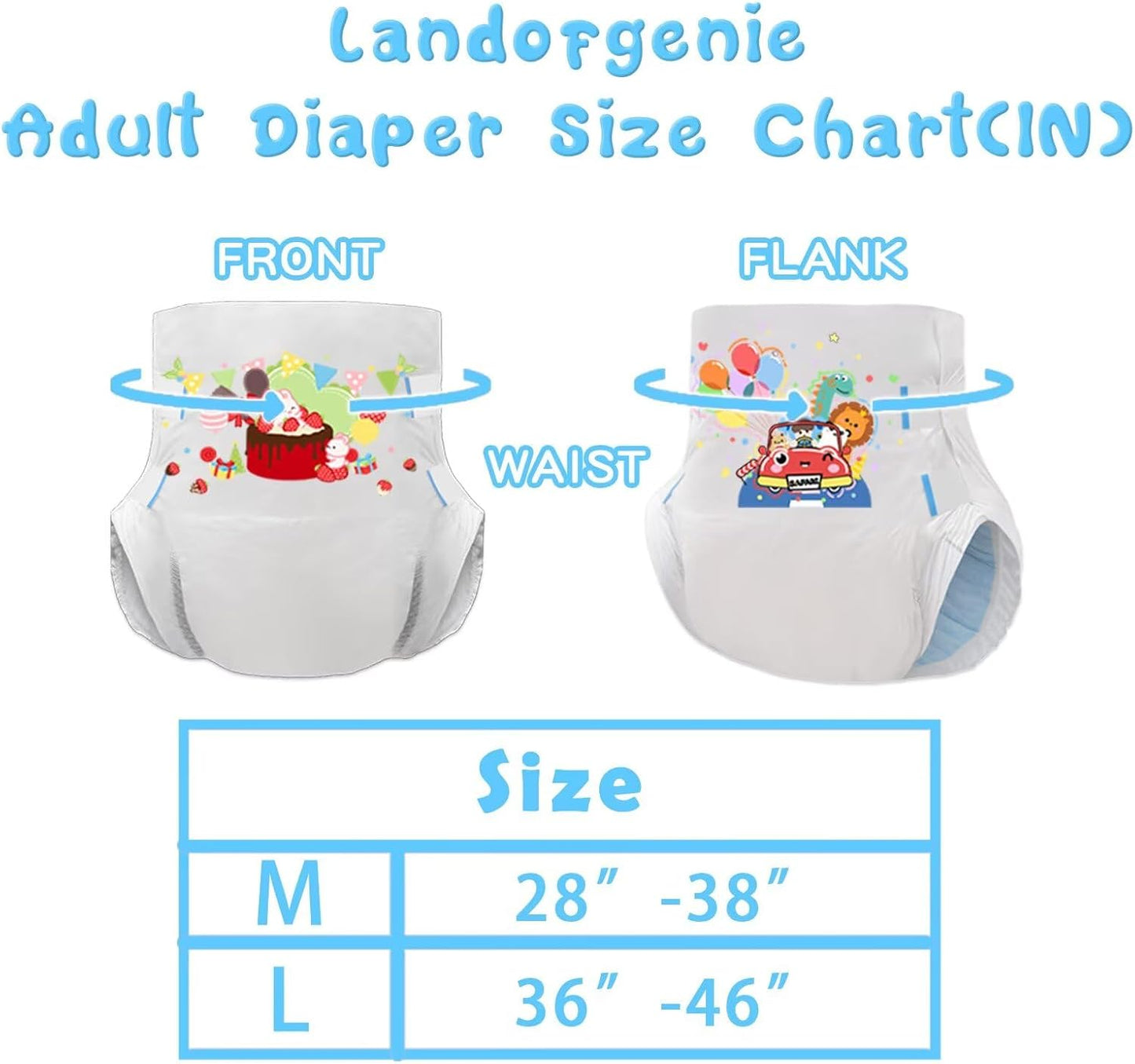 Landofgenie Adult Diapers with Tabs Unisex Overnight High Absorbency Diapers Pack of 2 (Medium 28"-38") - Bunny Party and Animal Amusement Park