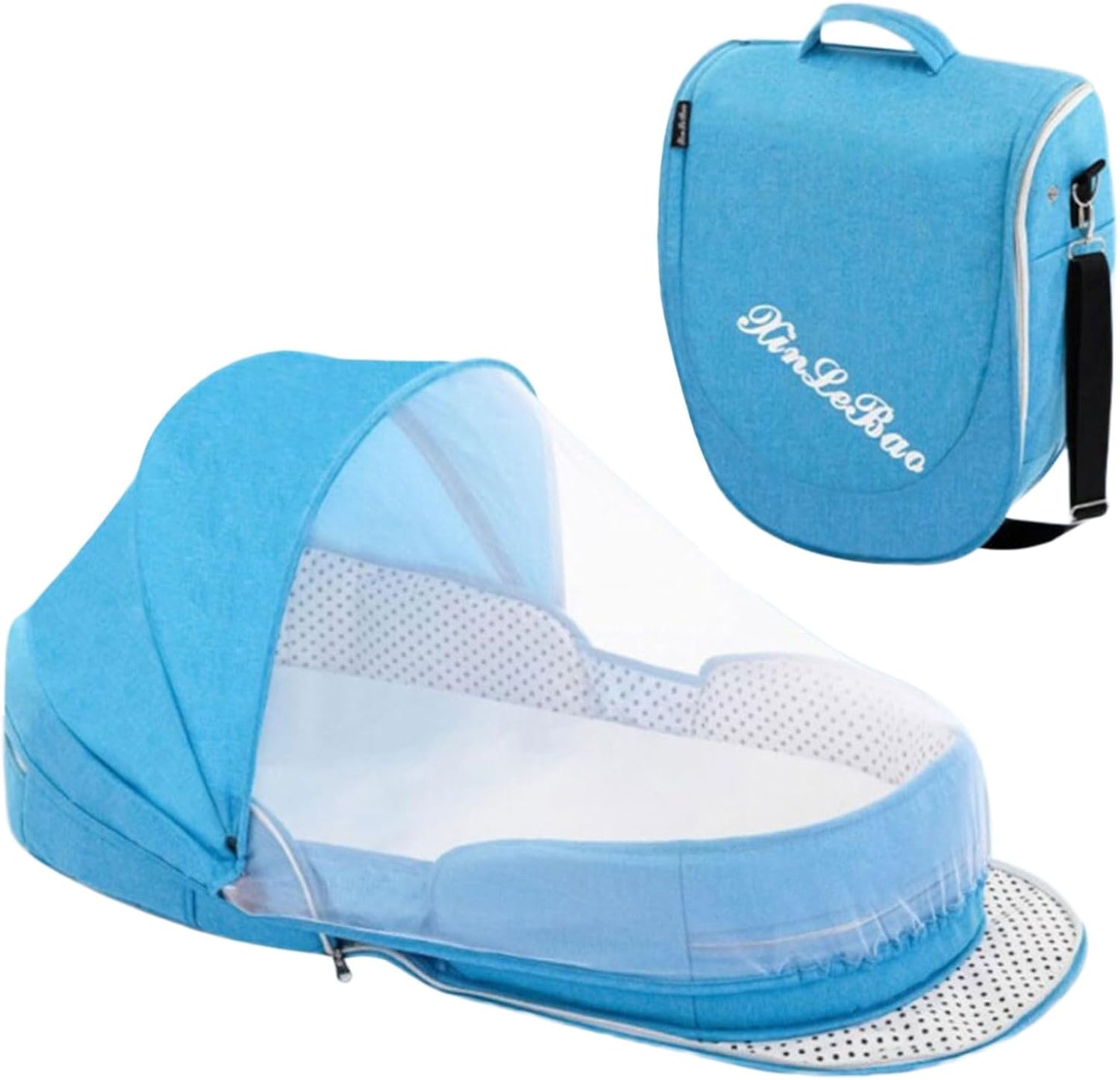 Folding Baby Travel Bassinet Portable Lightweight Travel Crib Baby Bed Co- Sleeper for Baby in Bed with Canopy and Mosquito Net (Blue, with Sunshade)