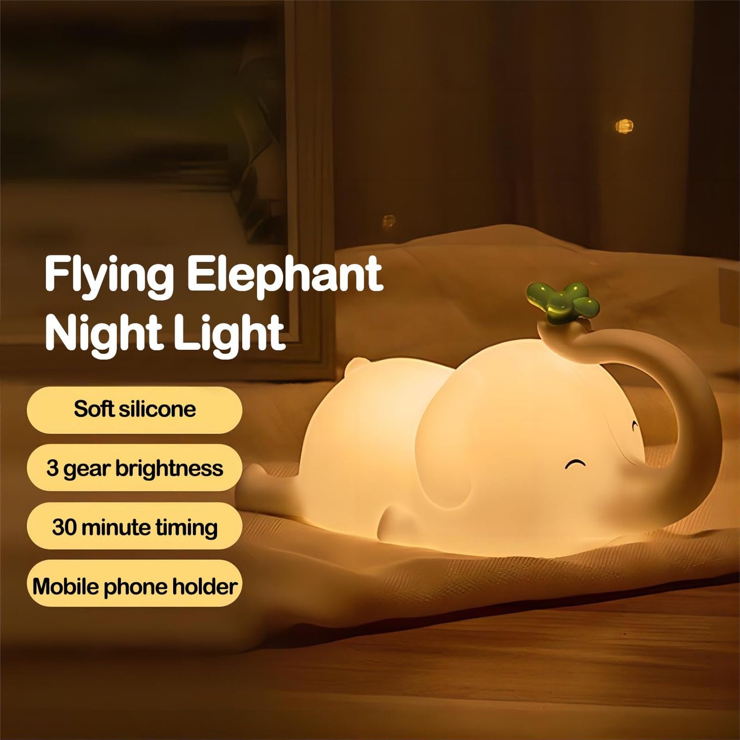 S NMT Cute Elephant Silicone Night Light LED Novelty Lamp 3 Level Dimmable Nursery Nightlight USB Rechargeable Timing Sleeping Lamp for Baby Kids Decor