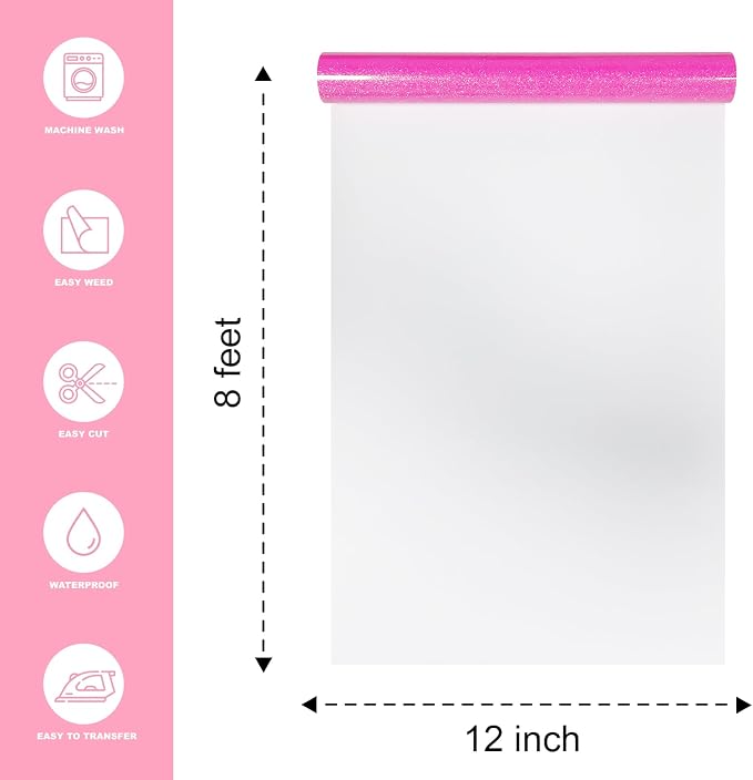 Hot Pink Glitter Heat Transfer Vinyl 12" x 8 ft HTV