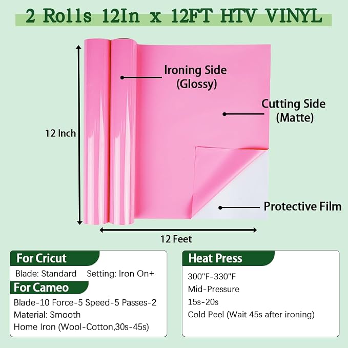 guangyintong Pink Heat Transfer Vinyl HTV Rolls, 2 Rolls 12" x 12ft Iron on