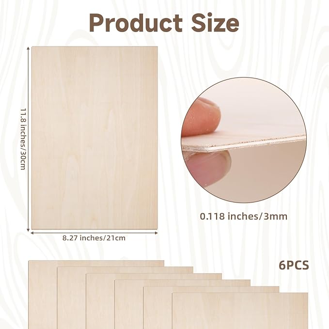 6 Pack Basswood Sheets 1/8, 3mm Laser Engraving Blanks Unfinished Wood Crafts