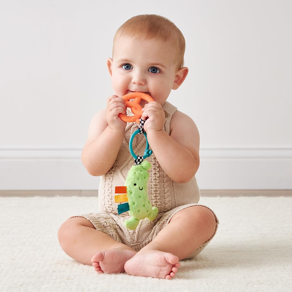 Itzy Ritzy Infant Toy & Teether - Itzy Pal Baby Teething Toy Includes Lovey, Crinkle Sound, Textured Ribbons & Silicone Teether for Newborn (Pickle)