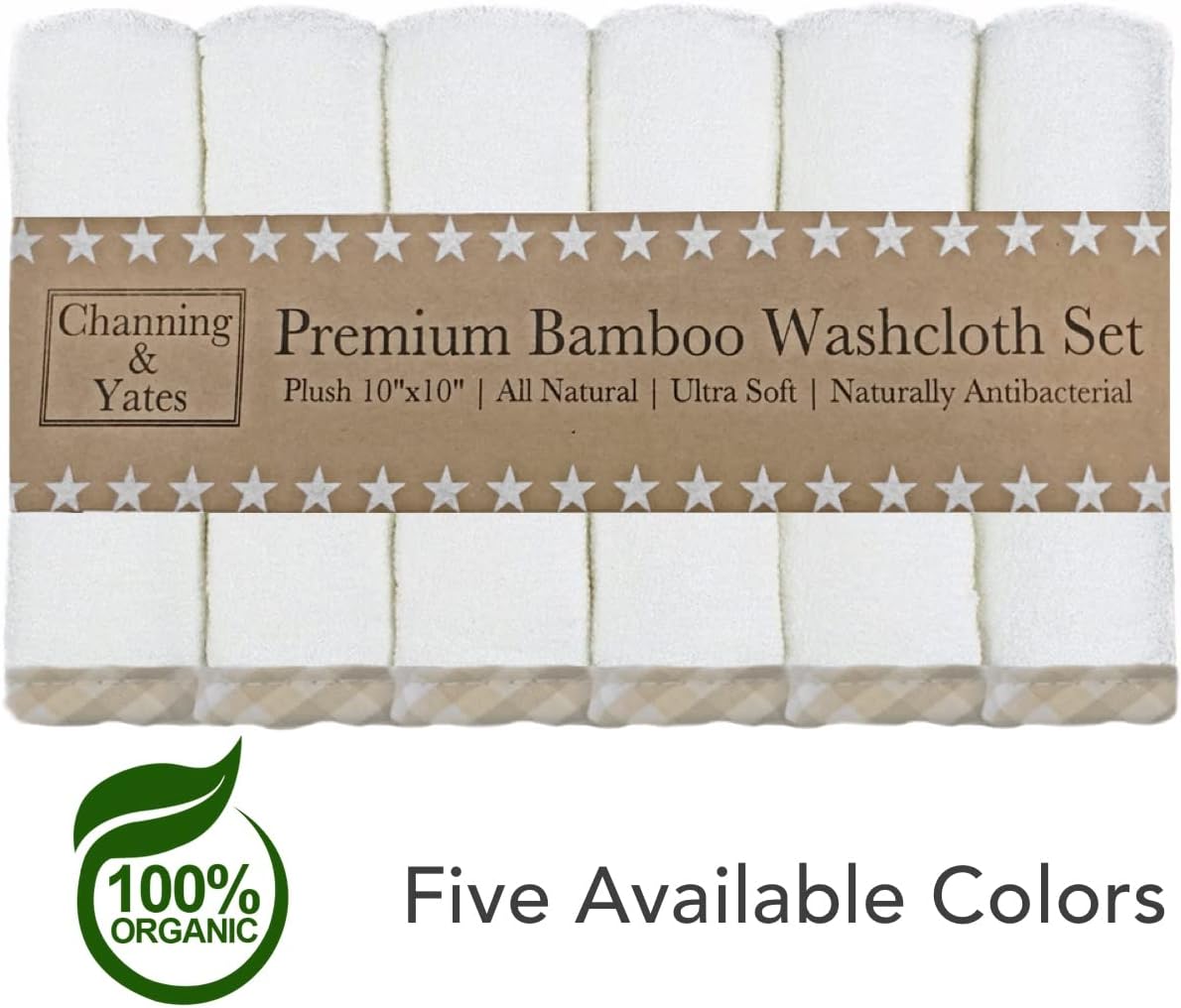 Channing & Yates Organic Baby Washcloth Set Premium Boutique- (6 Pack Wash Cloth) - Softest Face Towels or Washcloths for Eczema - Child or Adult Essentials for Bath (Beige/White)