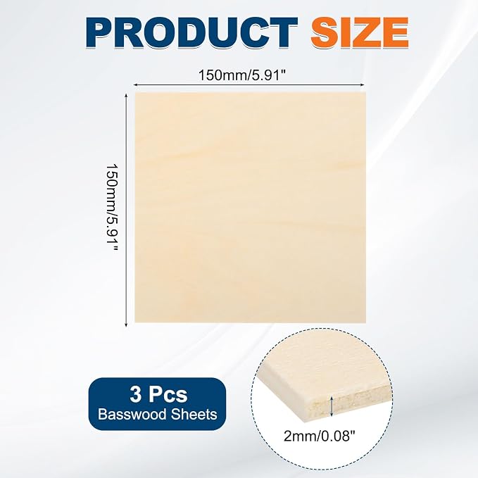 MECCANIXITY 3pcs Basswood Sheets 6 x 6 x 5/64 Inch Unfinished Wood Boards
