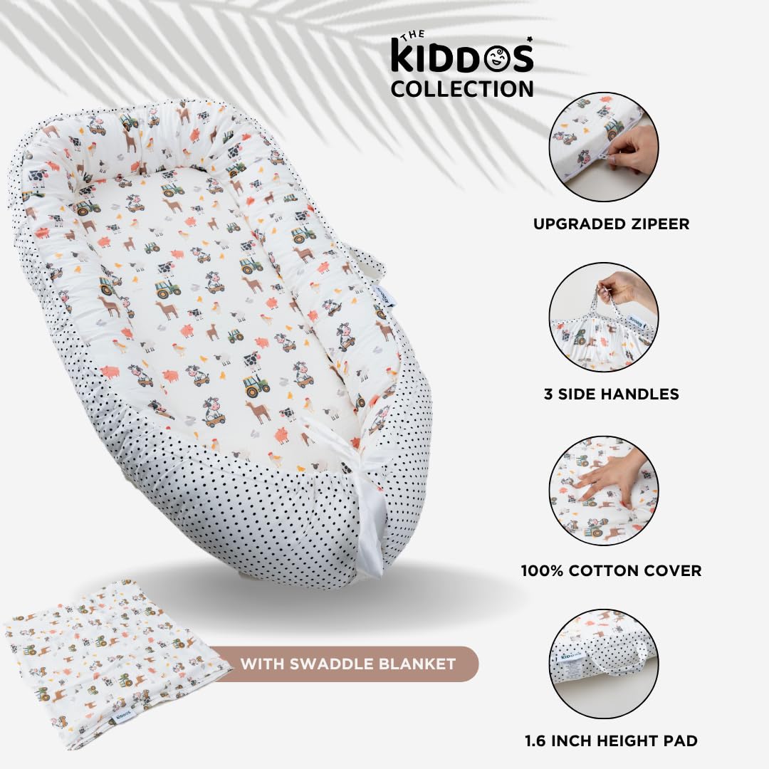 TKC Baby Lounger 0-24 Months | Adjustable Infant Lounger | Breathable Organic Cotton Cover | Reversible Farm Animal Pattern | Includes Matching Swaddle Blanket | Portable Baby Nest
