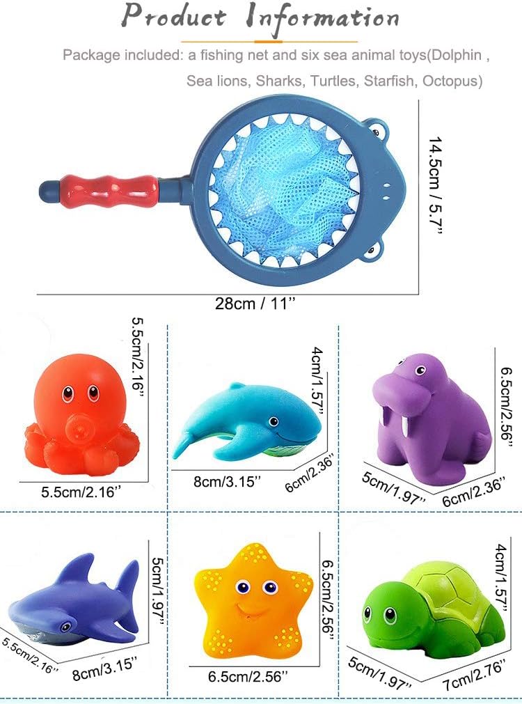 Bath Toy , Fishing Floating Animals Squirts Toys Games Playing Set with Fishing net , Fish Net Game in Bathtub Bathroom Pool for Babies Toddlers and Kids (Blue)