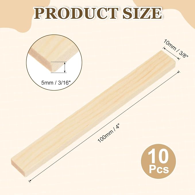 MECCANIXITY 10Pcs Wood Strips Slats, 3/16" x 3/8" x 4" Thin Wood Sticks Flat