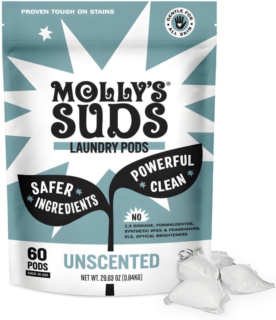 Molly's Suds Laundry Detergent Pods | Clean Detergent for Sensitive Skin | Ultra Concentrated and Stain Fighting | Unscented - 60 Count