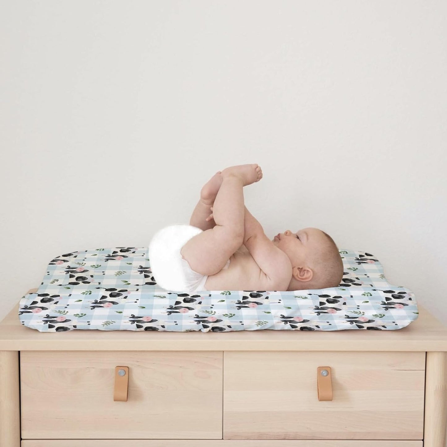 Cow Boho Leaves Changing Pad Covers Spring Farm Animals Leaves Changing Pad Cover Sheets for Boy Girl Cow Plaids Soft Breathable Stretchy Baby Diaper Changing Table Mat Cover 32''x16''