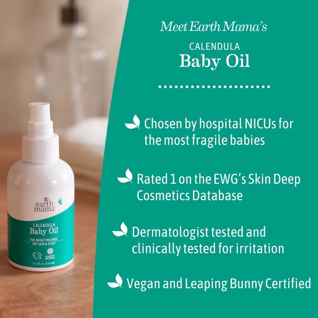 Earth Mama Calendula Baby Oil | Massage Oil for Newborn Skin Care, Dry Skin & Scalp Moisturizer, Fragrance Free, 4-Fluid Ounce