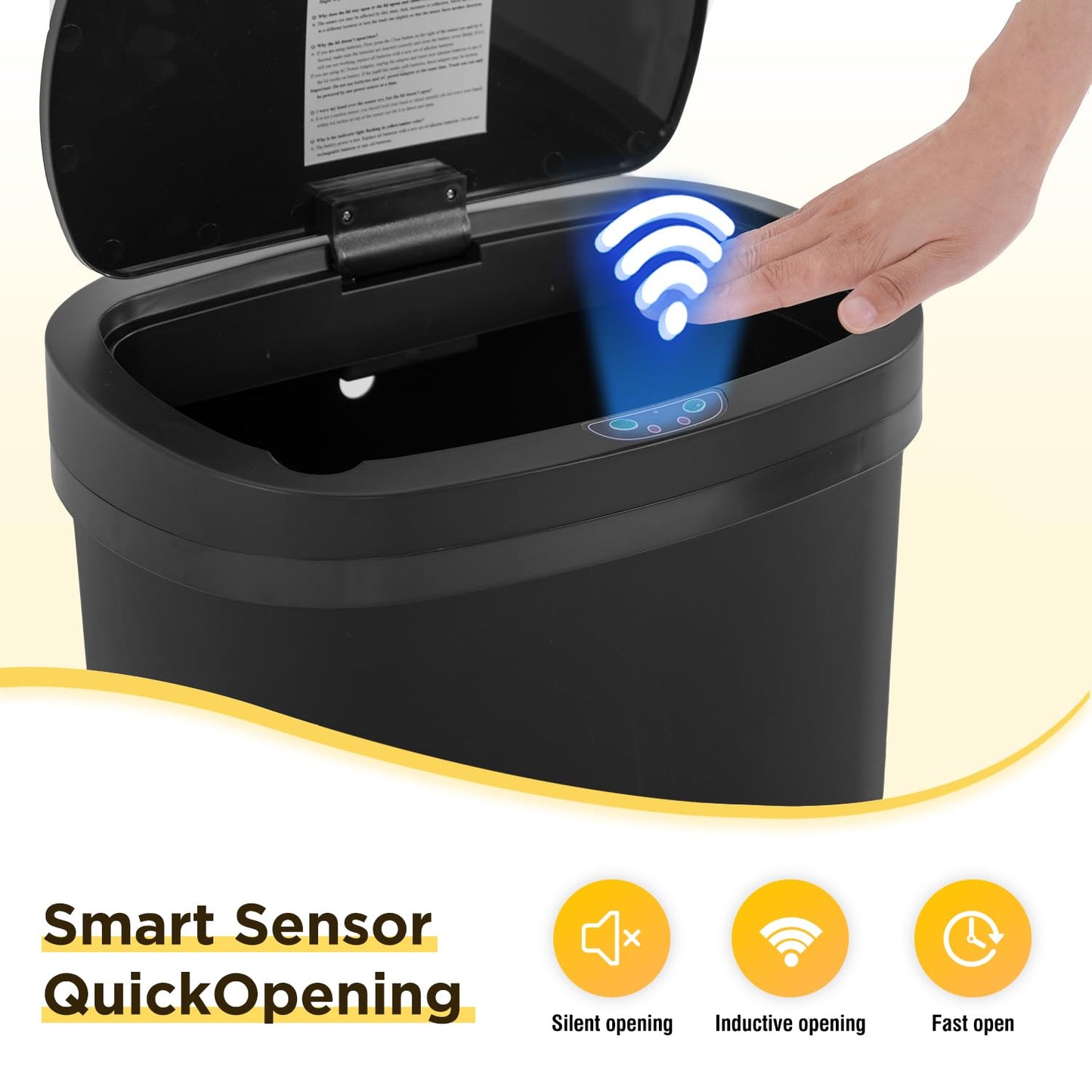 BestOffice | 13 Gallon Plastic Trash Can with Lid | Dark Black | Automatic Touchless Garbage Can | Odor Control | Modern Oval Design | Easy to Clean | Fits Any Kitchen, Bathroom, Office or Home