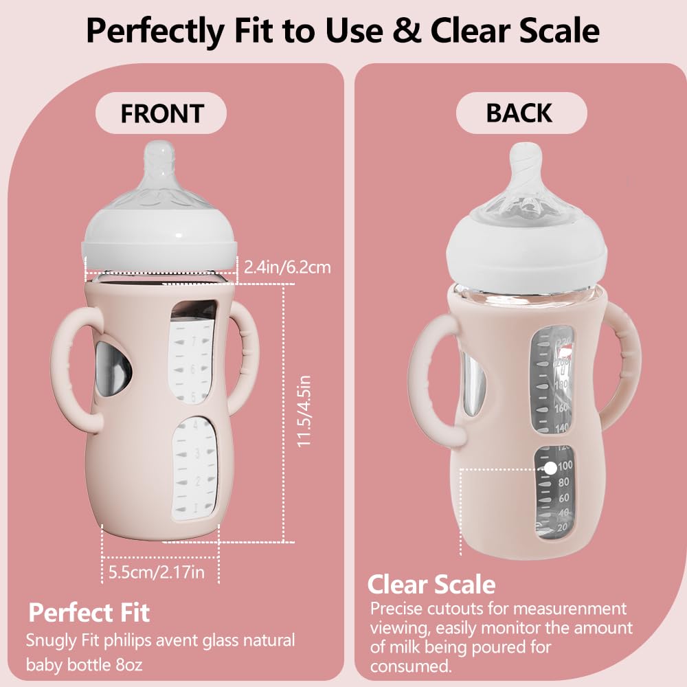 2 Pack Silicone Sleeves for Avent Natural Glass Bottles, Anti Breakage Baby Bottle Protector with Easy-Grip Handle, Compatible Philips Avent Glass Natural Bottle 8 oz, Not for Infant Use