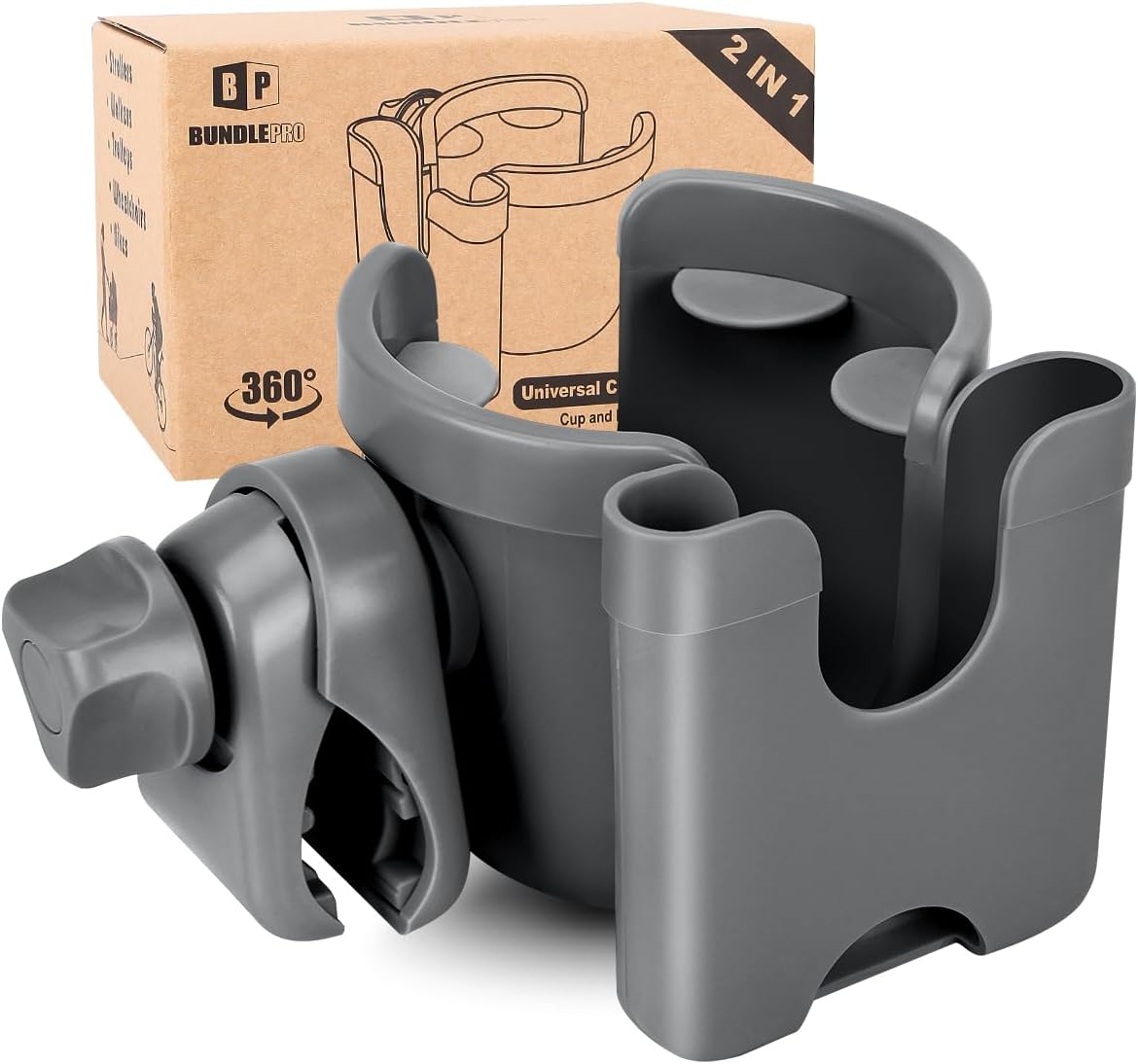 Universal Stroller Cup Holder with Mobile Phone Case, 2-in-1 Strollers Storage Rack, 360 Degrees Rotation Drink Holder for Bike, Pushchair, Wheelchair, Walker,Bicycle, Fits Most Cups (Gray)