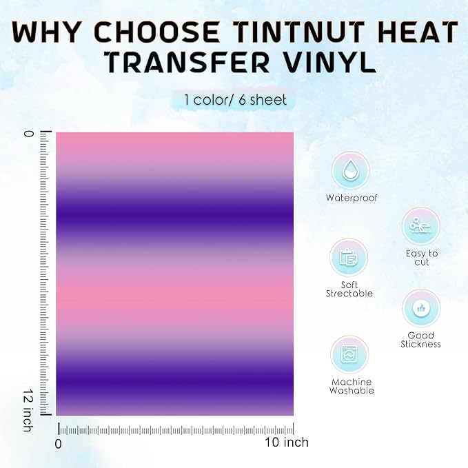 Tintnut Purple Pink Gradient Heat Transfer Vinyl, Ombre pattern, PU HTV Sheets