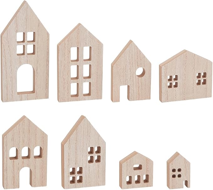 OLYCRAFT 8 Piece Wooden House Blocks Blank Unfinished House Block MDF Craft