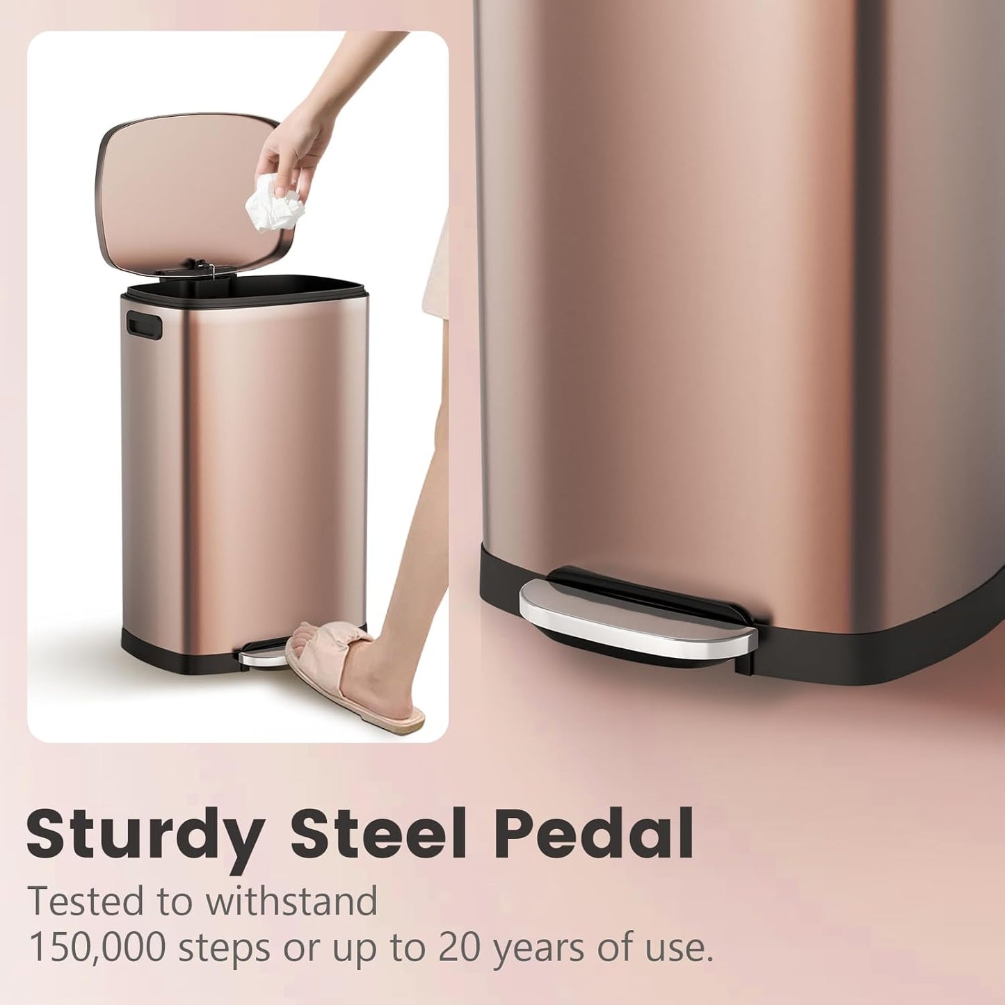 ELPHECO Kitchen Trash Can with Lid Soft Close, 13 Gallon / 50L Stainless Steel Pedal Garbage Can, Heavy-Duty Step Wastebasket with 20 Bags, Removable Bucket, Home Office, Champagne