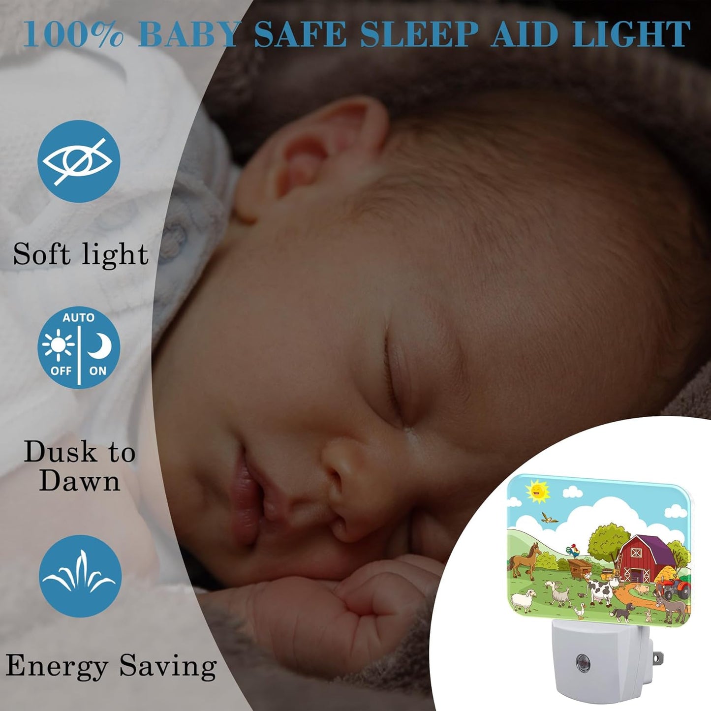 Cartoon Farm Animals Night Light for Kids Girls Boys, Cute Farm Animals LED Night Light Plug into Wall with Dusk to Dawn Sensor for Room, Hallway, Kitchen, Bathroom, Stairs Decor