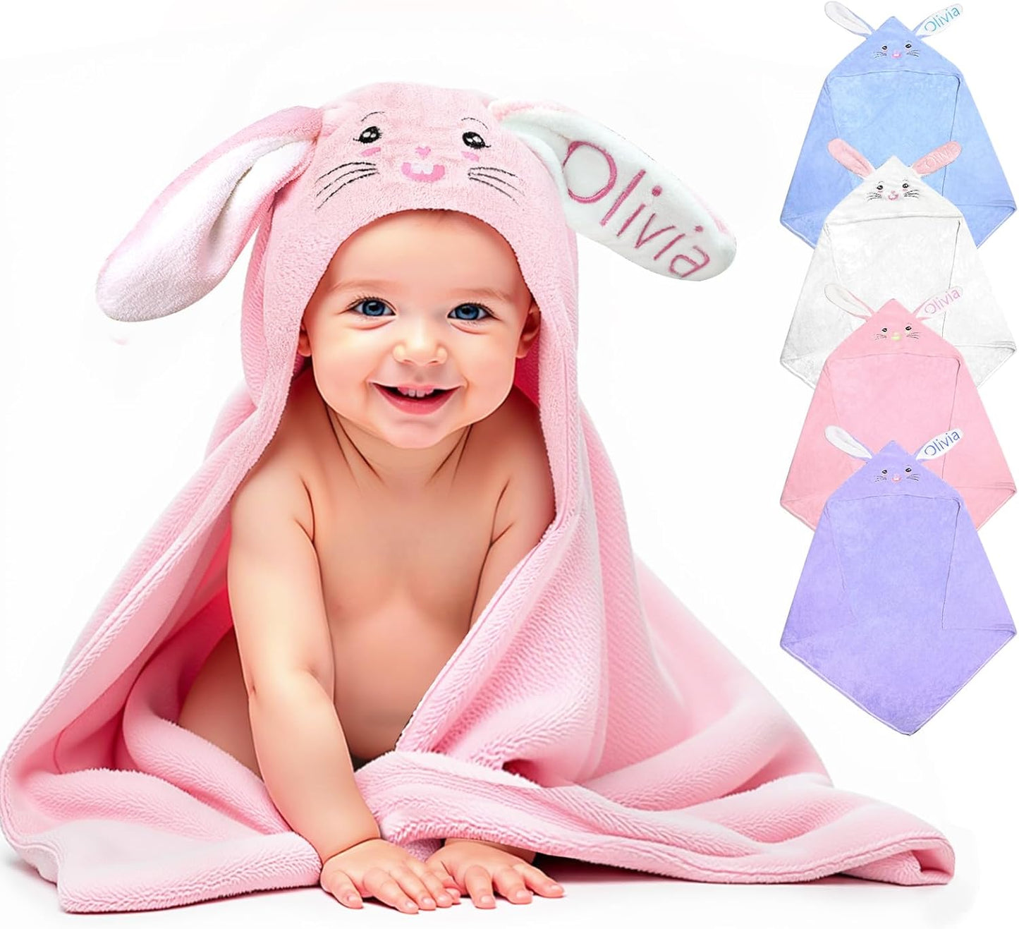 Baosity Custom Hooded Baby Towel with Name, Personalized Soft Absorbent Bunny Toddler Towel, Baby Bath Towel for Girls Boys, Christmas Brithday Gifts for Baby, Toddler, Newborn Essential