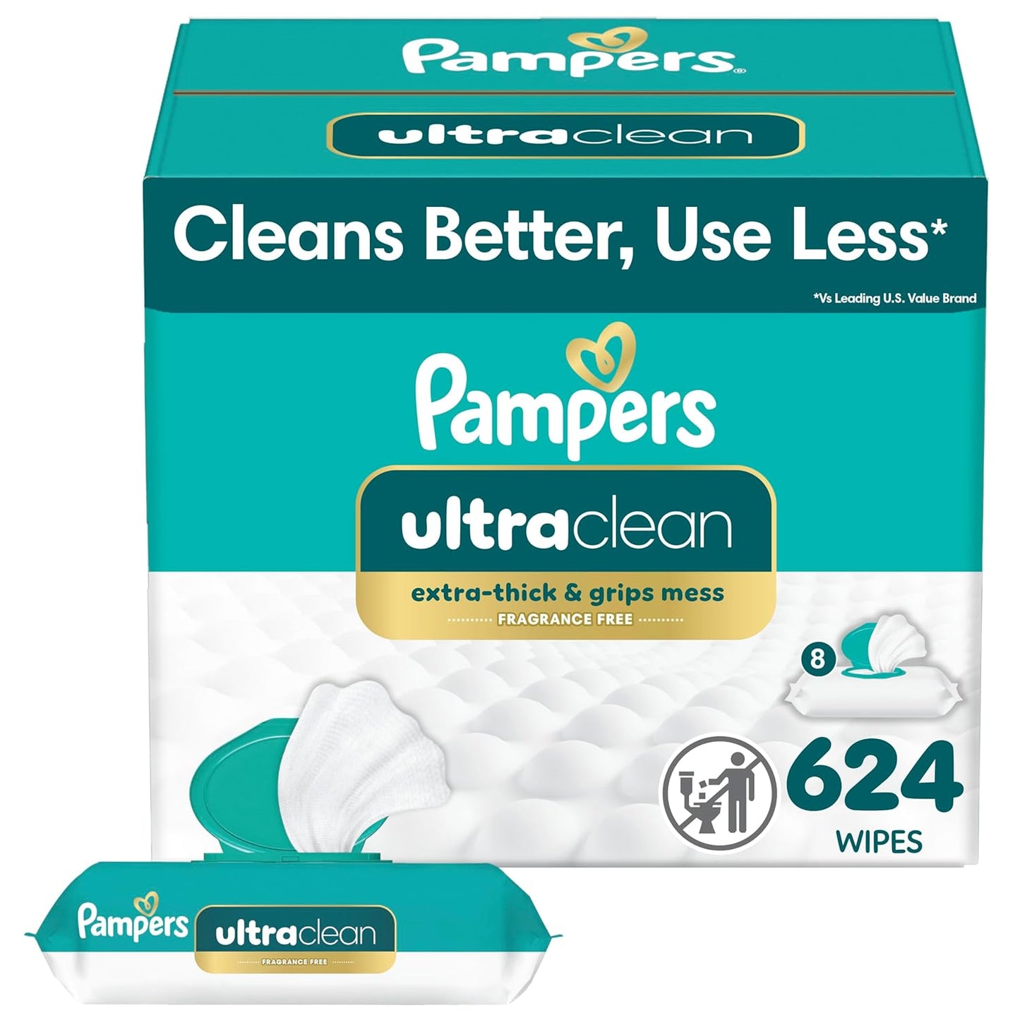 Pampers Ultra Clean Baby Wipes (Previously 'Free & Gentle'), 99% Water, Hypoallergenic, Unscented, 100% Plant Based, Plastic-Free, 624 Baby Wipes Total (8X Flip-Top Packs) [Packaging May Vary]