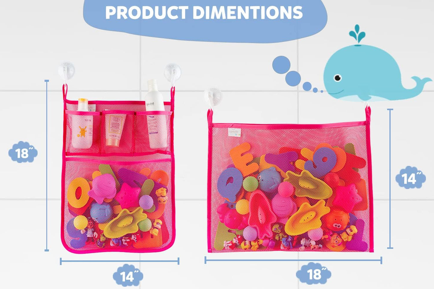2 x Mesh Bath Toy Organizer + 6 Ultra Strong Hooks – The Perfect Bathtub Toy Holder & Bathroom or Shower Caddy – These Multi-use Net Bags Make Baby Bath Toy Storage Easy – For Kids & Toddlers