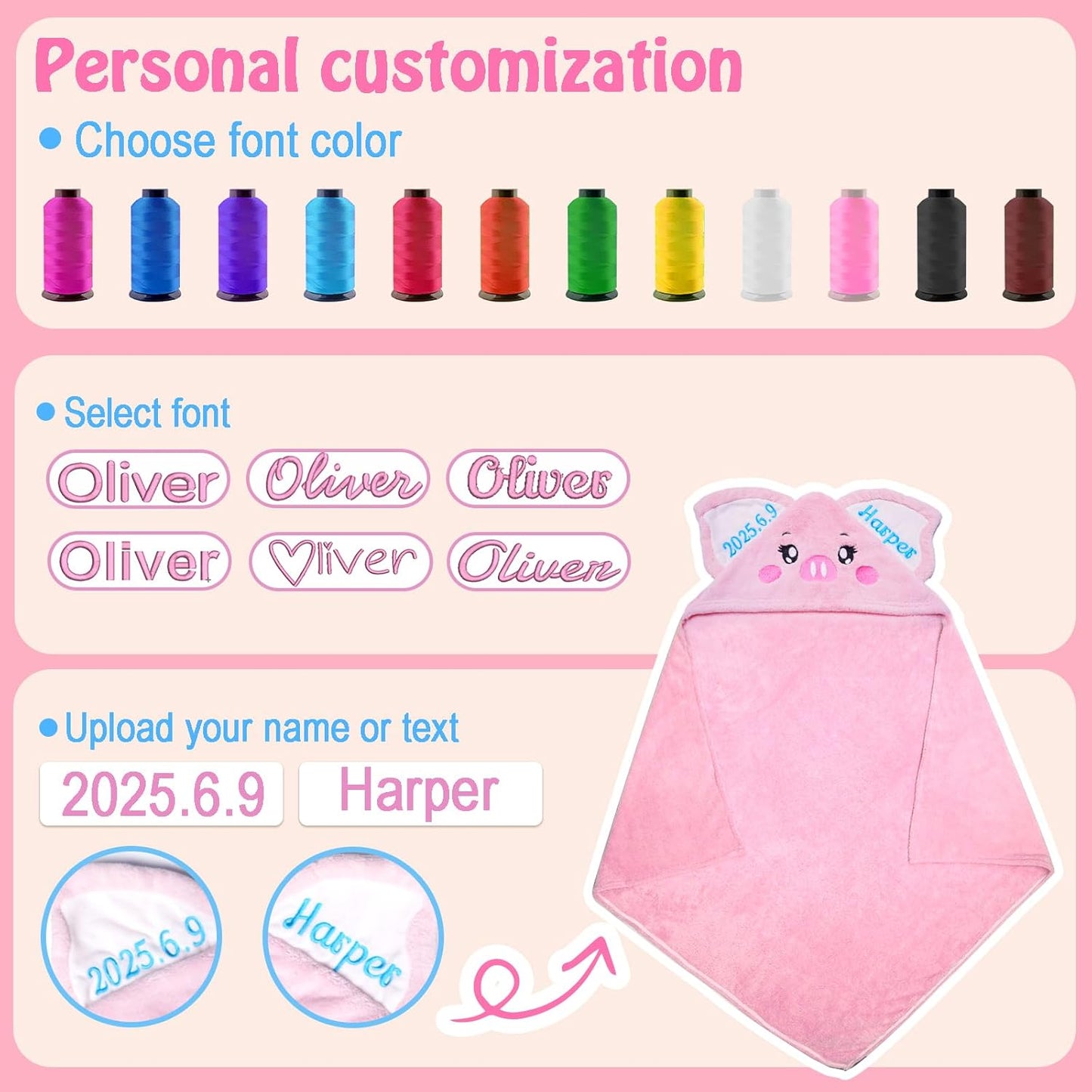 Custom Hooded Baby Towel with Name, Soft and Absorbent Customized Pig Toddler Towels, Baby Bath Towels for Boys and Girls, Easter Birthday Towel for Kids，Babies, Toddlers, Newborns Essential