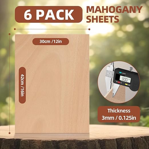 Rowood 6 Pack Mahogany Plywood Sheets 1/8, 3mm Thin Unfinished Craft Wood