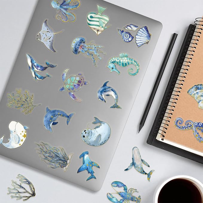 50PCS Marine Animal Stickers Aesthetic Transparent PET Sticker Gold foil