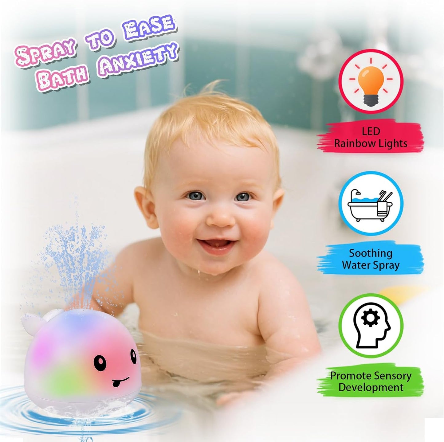 Light Up Bath Toy Sprinkler for Babies, Rechargeable Bathtub Pool Water Toys Baby Gifts for Toddlers, Shower Essentials (White Whale)