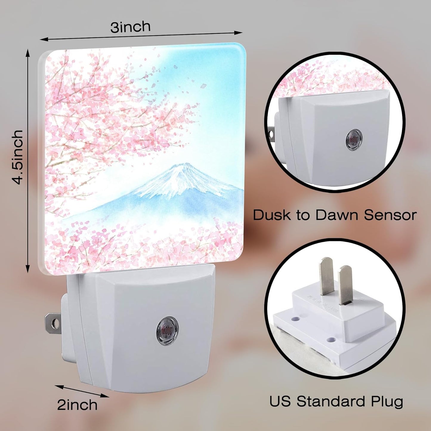 Cherry Blossoms with Mountain Fuji Night Light Plug into Wall, Watercolor Pink Flowers Dusk to Dawn Night Light,0.5w Energy Saving Sleep Friendly Nightlights for Kids Boys Girls Home
