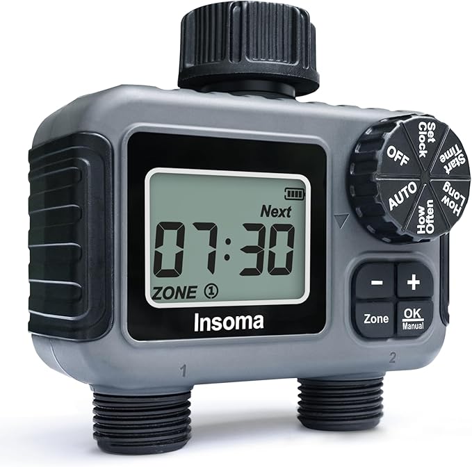 Insoma 2-Zone Sprinkler Timer, Programmable Garden Hose Timer with Auto/Manual/Rain Delay Modes | Water-Saving Irrigation Controller for Lawn, Yard & Drip Systems | Waterproof Design & Easy Setup