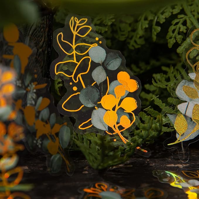 Yoksas 240Pcs Holographic Golden Foil Nature Flowers Plants Stickers