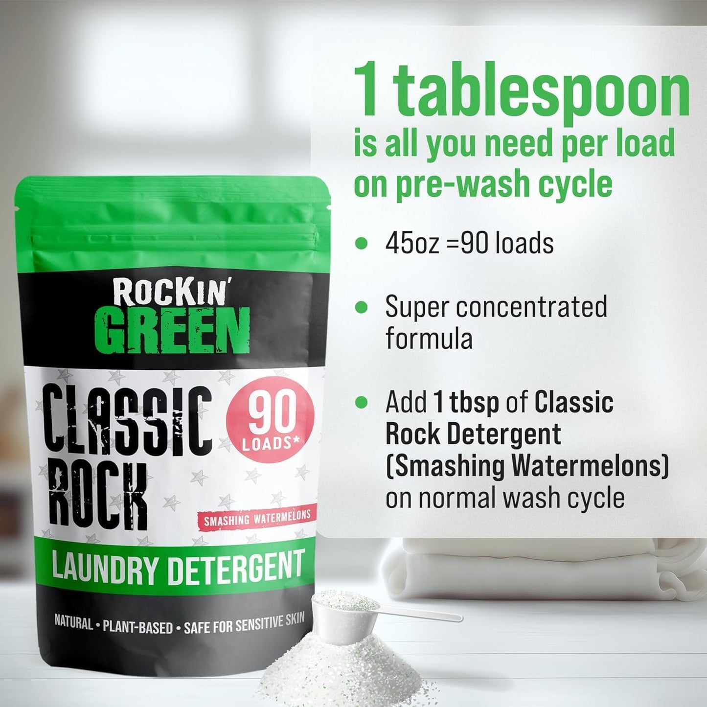 Rockin' Green Classic Rock Laundry Detergent (90 Loads), Plant based, All Natural Laundry Detergent Powder, Vegan and Biodegradable Odor Fighter, Safe for Sensitive Skin, 45 oz (Smashing Watermelons)