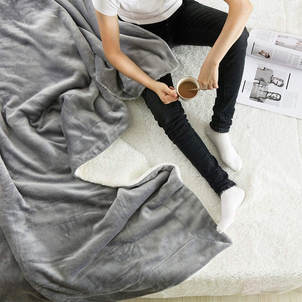 NANPIPER Flannel Blanket Reversible Sherpa Throw Blanket Super Soft Plush Warm Fleece Microfiber (90"x90",Light Gray) Queen