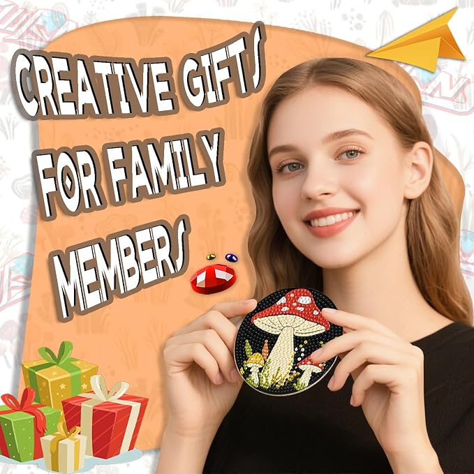 EWJRNSF 8 PCS Mushroom 5D Diamond Painting Coasters DIY Kit