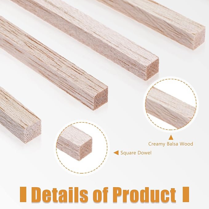 Timtin 225 Pieces 1/4" x 12" Balsa Wood Sticks Square Wooden Dowels Wood Square