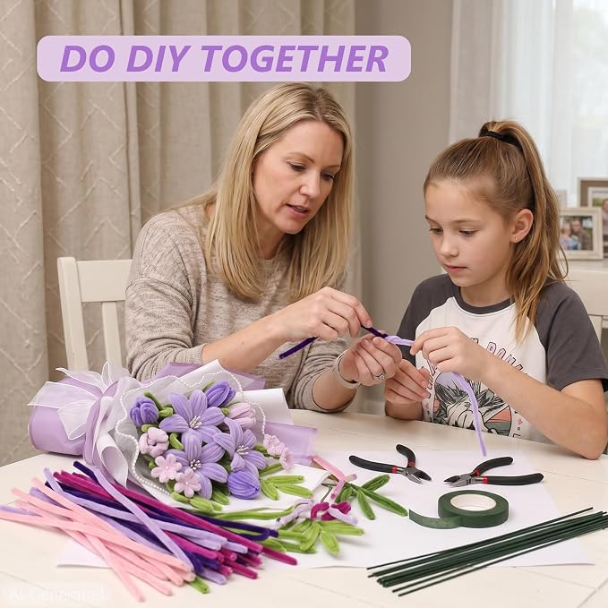 Cwczhi 600 PCS Pipe Cleaners Craft, 9 Colors Purple Pipe Cleaner Flower Kit |