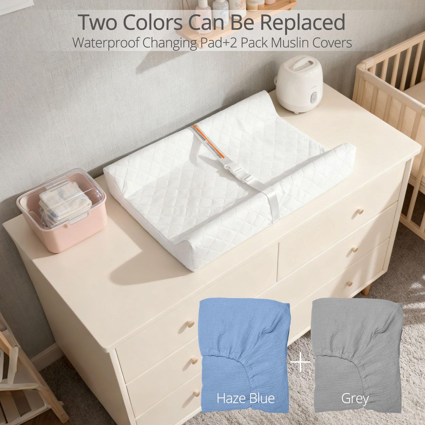 Muslin Baby Changing Pad, 2 Pack Muslin Soft Cotton Covers & Waterproof Lining Foam Diaper Changing Table Pad 32" x 16.6" Mat for Dressers