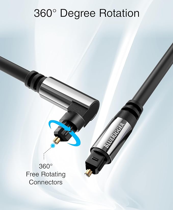 BlueRigger Optical Audio Toslink Cable - 35FT (90 Degrees Optical Cable for Soundbar, 360 Degree Rotatable Right Angle, S/PDIF Digital Toslink) - Fiber Optic Compatible with HDTV, Game Console, DVR