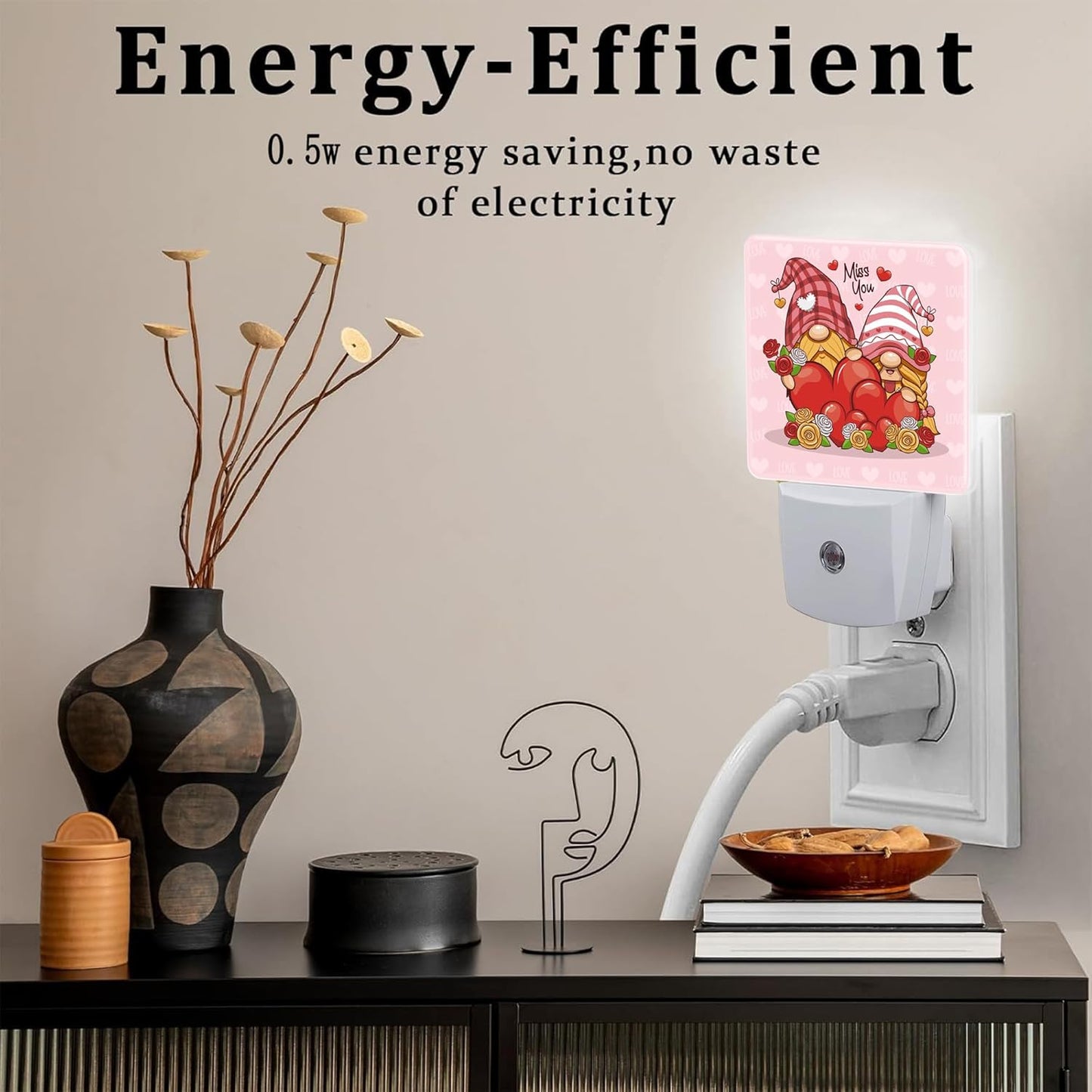 Valentine's Day Gnome Couple Night Light for Kids, Gnomes with Love Red Hearts Night Light Plug in with Dusk to Dawn Sensor,0.5w Energy Saving Nightlight for Hallway Stairway Kitchen Bedroom