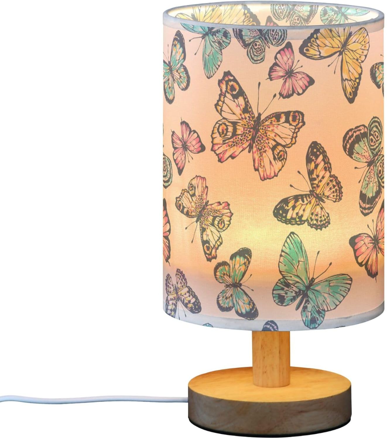 Table Lamp Pretty Butterflies Nightstand Lamp with Wood Base Fabric Lamp Shade Bedside Desk Lamp for Living Room Bedroom Kids Room Office