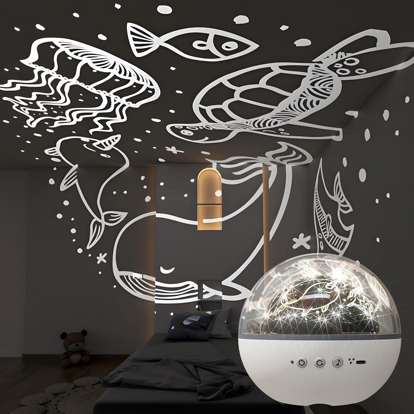 Colorful Life Star Projector Night Light for Kids with Music Box, 5 Films, Rotating Galaxy Light, USB Powered Baby Nursery Lamp for Bedroom (Blue, Green, White, USB-Rechargeable Eight Tone Model)