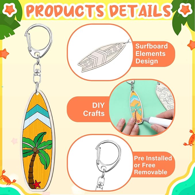 RattanView 24 Pcs Surfboard Craft Color Your Own Keychains Diy Craft Wooden