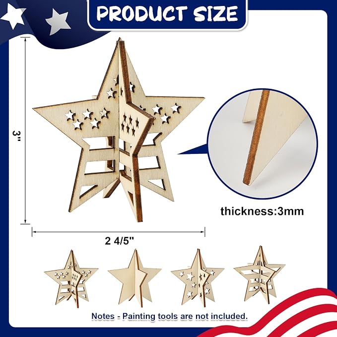 COCHIE DIY 3D 4th of July Stars Wood Crafts to Paint, Paintable Unfinished