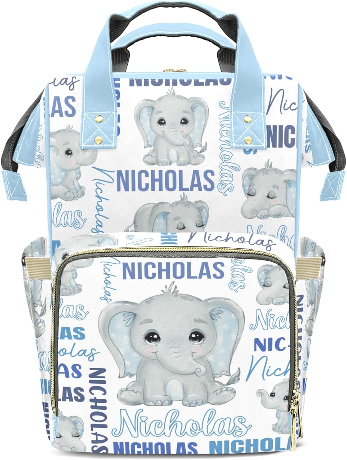 Custom Diaper Bag Mommy Bag with Multi-function Shoulders Outdoor Backpack for Newborn Baby Boy Elephant, Blue Customized Nappy Backpack with Thermal Pockets Nursing Bags