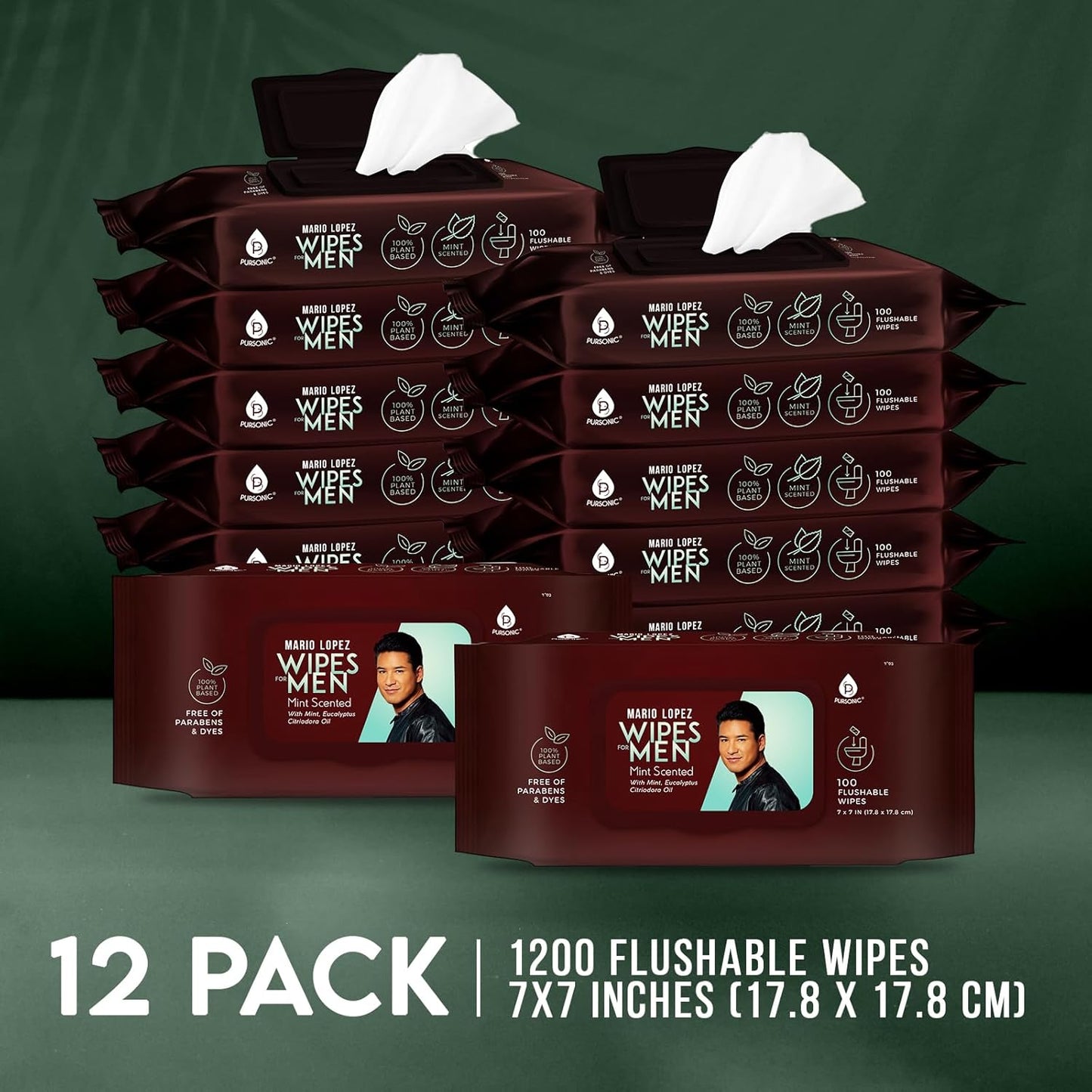 Pursonic Mario Lopez Mint Flushable Wipes for Men - 12 Packs 100Ct(1200 Total) - Plant-Based Face & Body Wipes for Gentle, Refreshing Daily Hygiene