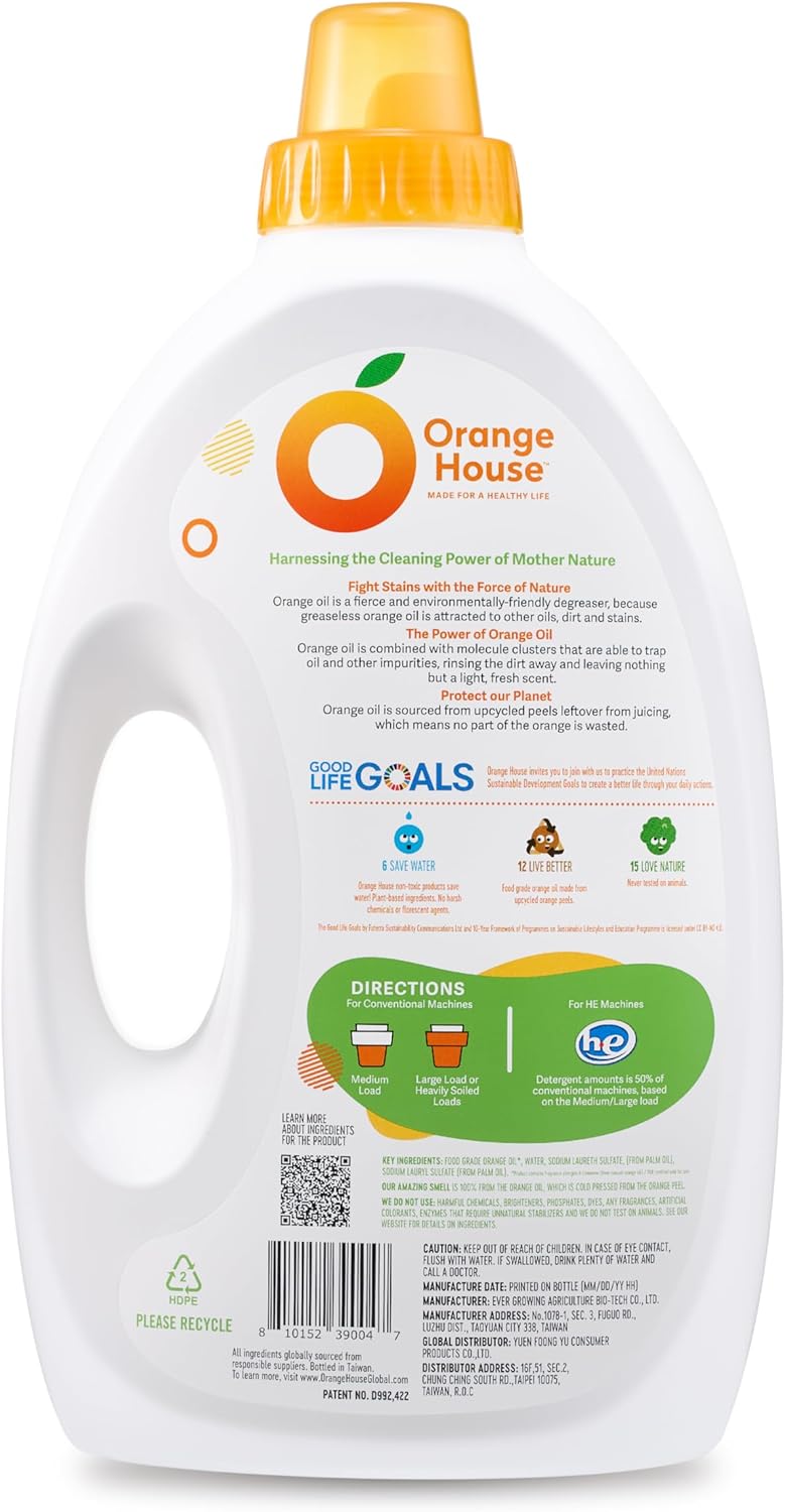 Orange House Liquid Laundry Detergent, Free and Clear, Natural Clean Laundry Detergent, Made of Orange Oil, Hypoallergenic Liquid Detergent No Harmful Chemical, 135.3 Fl Oz, HE & Standard Machine